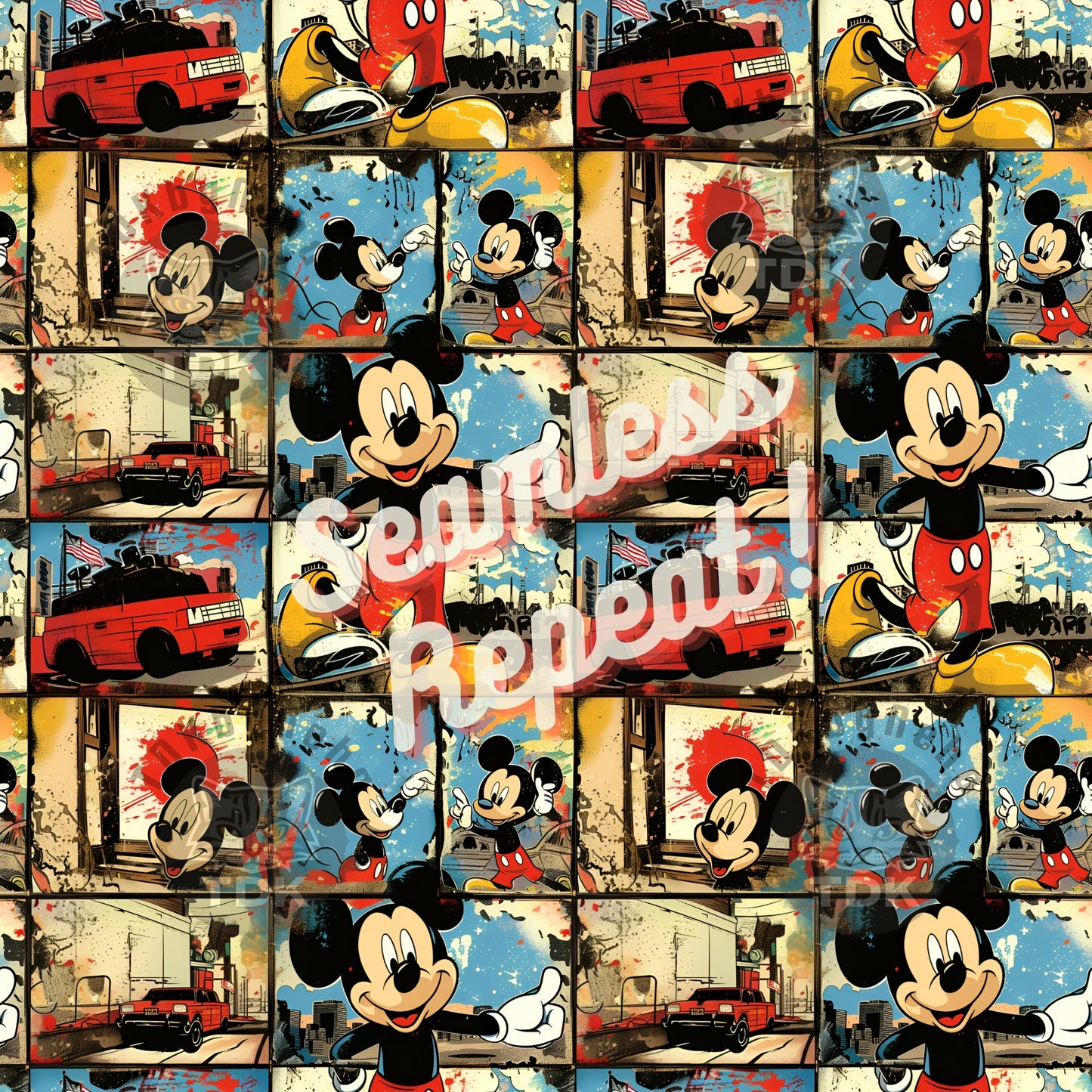 Instant Download Mouse in the City Cartoon Seamless Digital Paper for Fabric Printing,Cute Character Seamless Repeat Sublimation Design