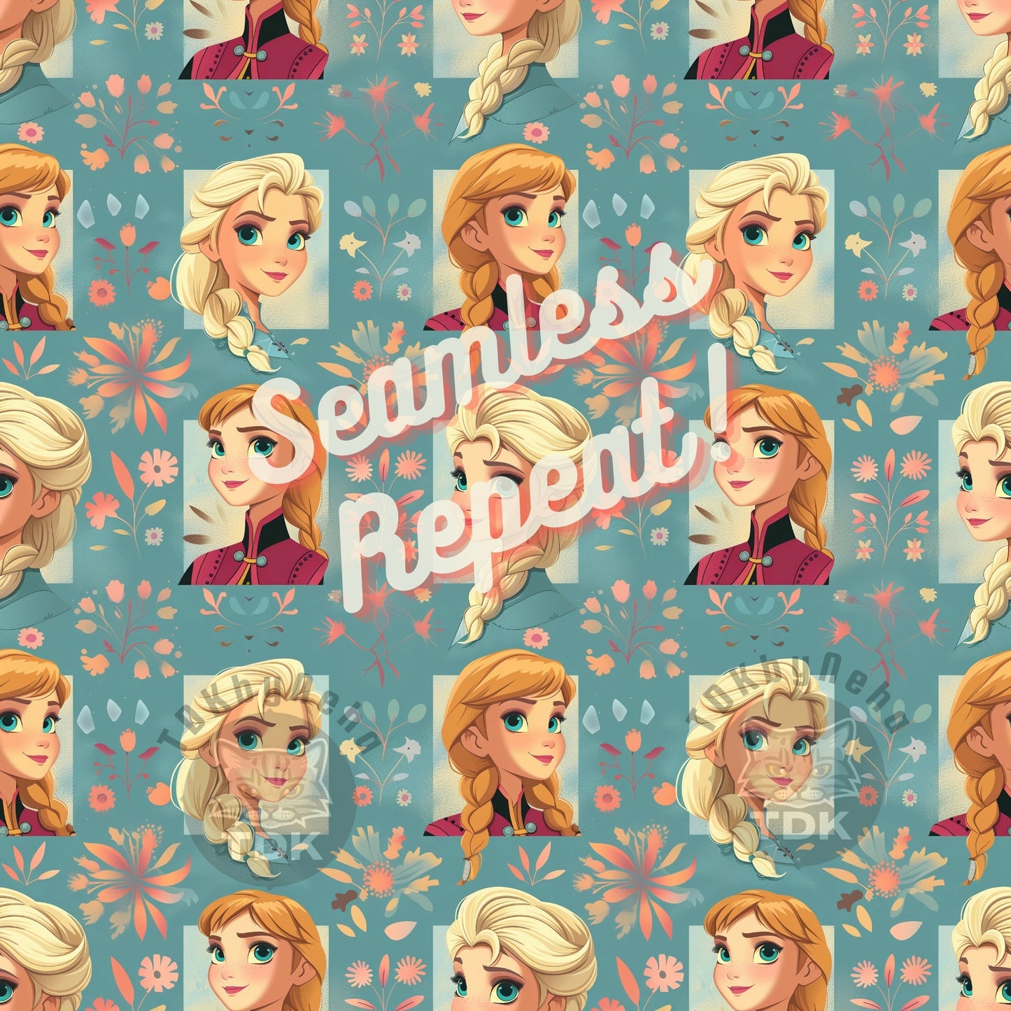 Instant Download Princess Sisters Boho Florals Seamless Digital Paper for Fabric Printing, Floral Magical Princess 3D Seamless Repeat Sublimation Design