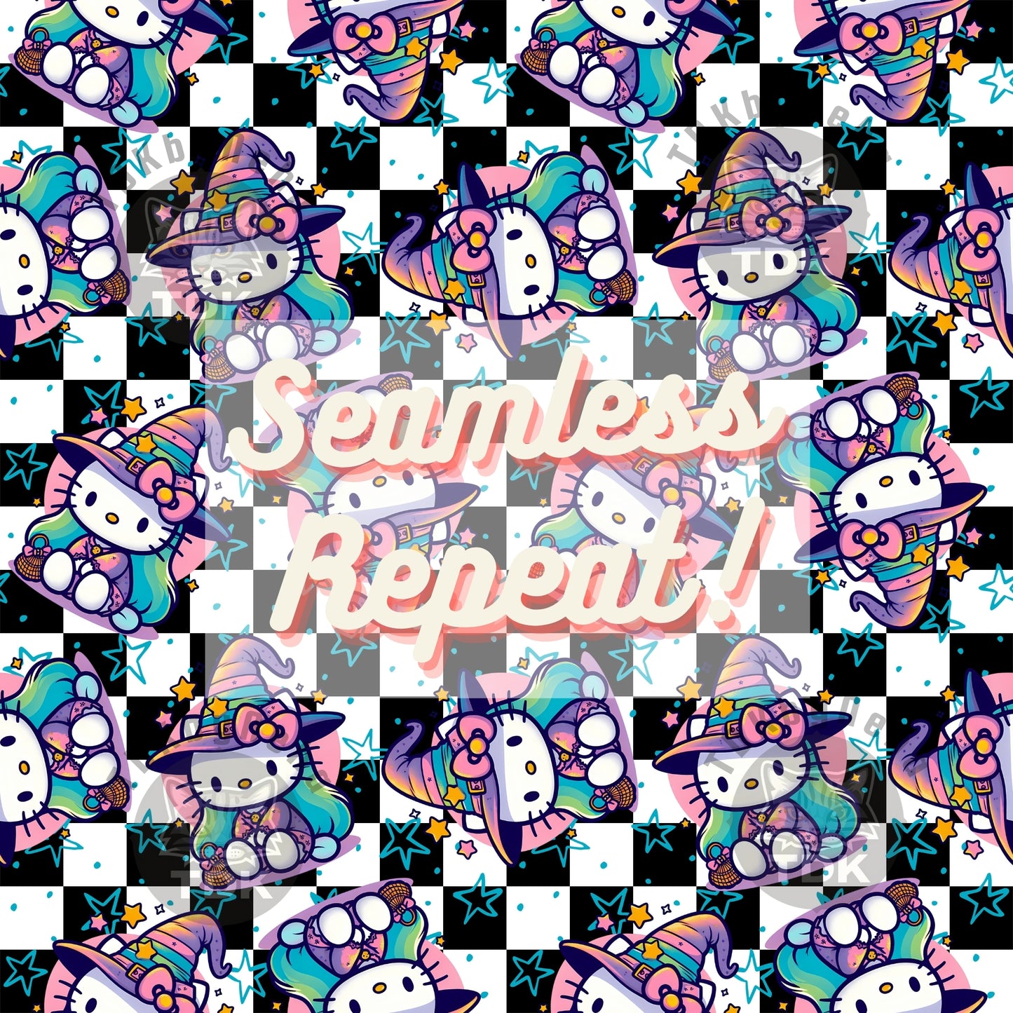 Instant Download Halloween Witchy Kitty Seamless Digital Paper for Fabric Print (Checkered)