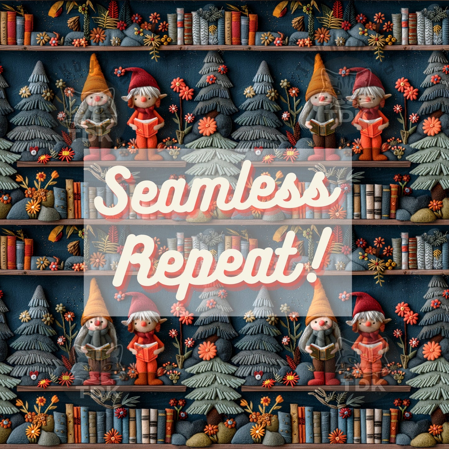 Christmas Reading Bookish Elves / Gnomes Seamless JPG