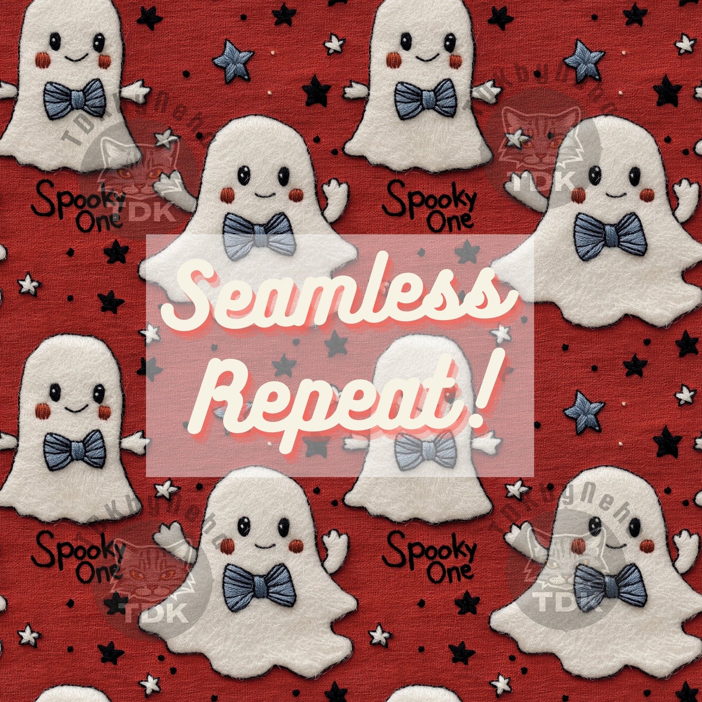 Halloween Spooky One Boy Ghost with Bow Neutral Seamless JPG (Red)