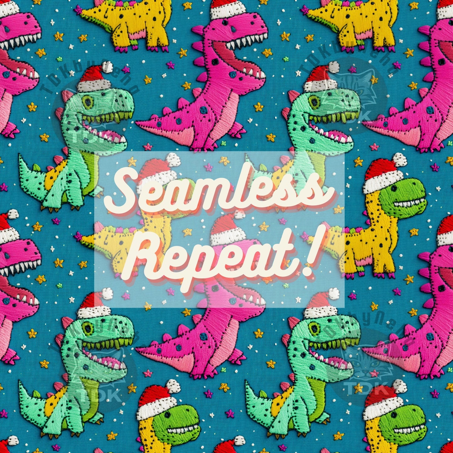 Neon Christmas Cute Santa Trex Dinosaur Seamless JPG