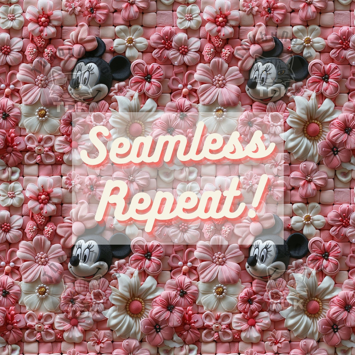 Instant Download 3D Girl Mouse Pink Floral Seamless Digital Paper for Fabric Printing, Cute Magical Kingdom Character Seamless Repeat Sublimation Design