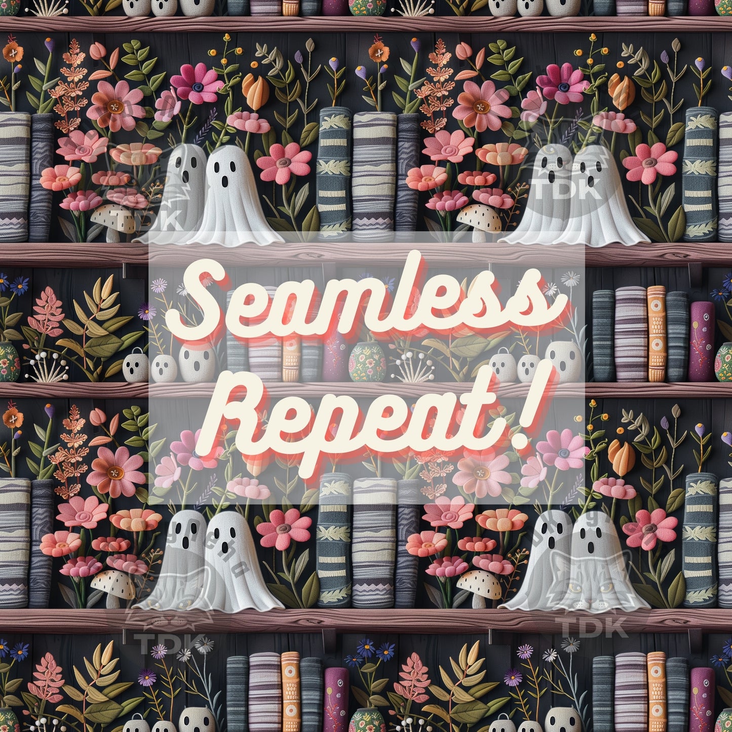 Halloween Bookish Ghosts on Bookshelf Seamless JPG