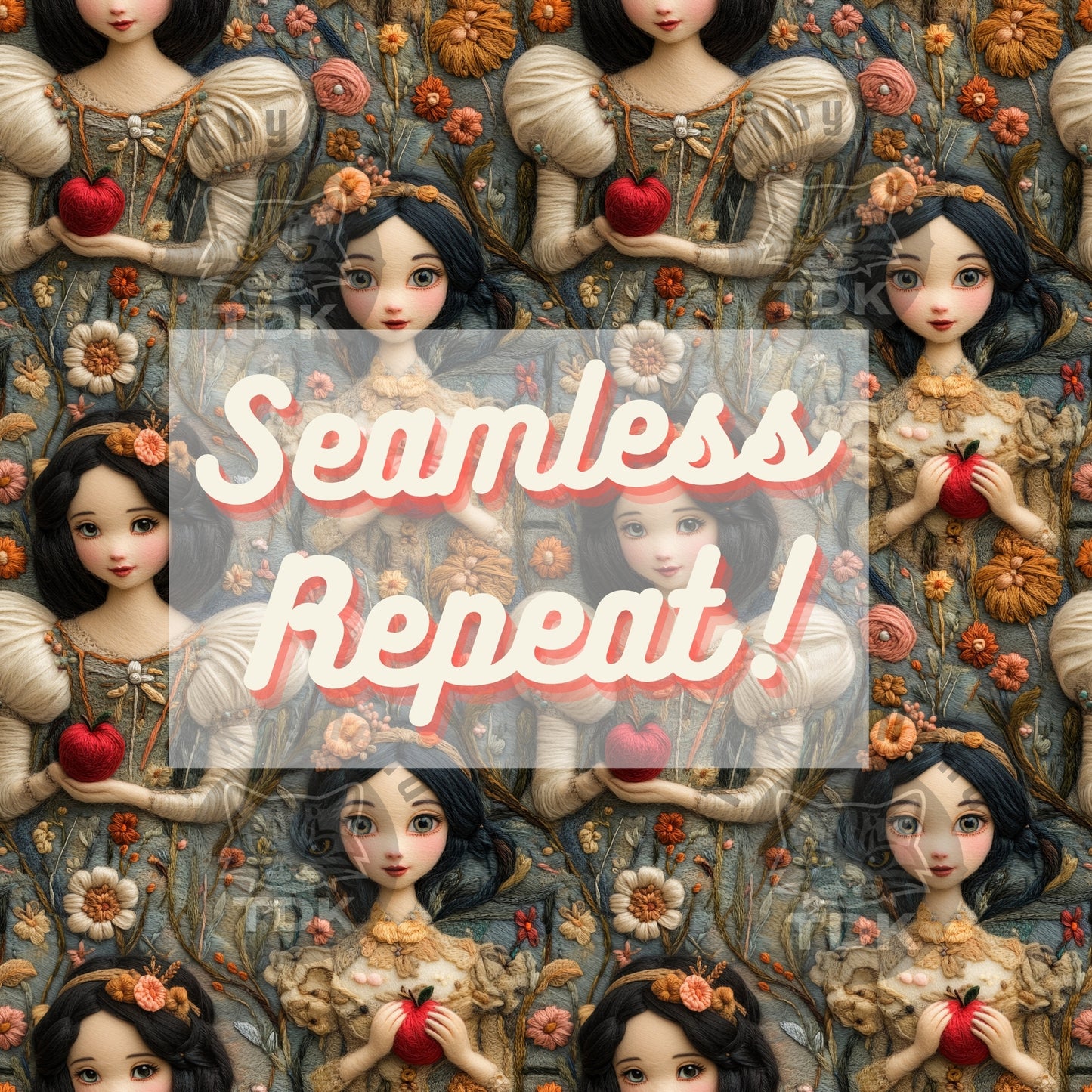 Website Exclusive - 3D Floral Snowy White Princess with Apple Seamless Design