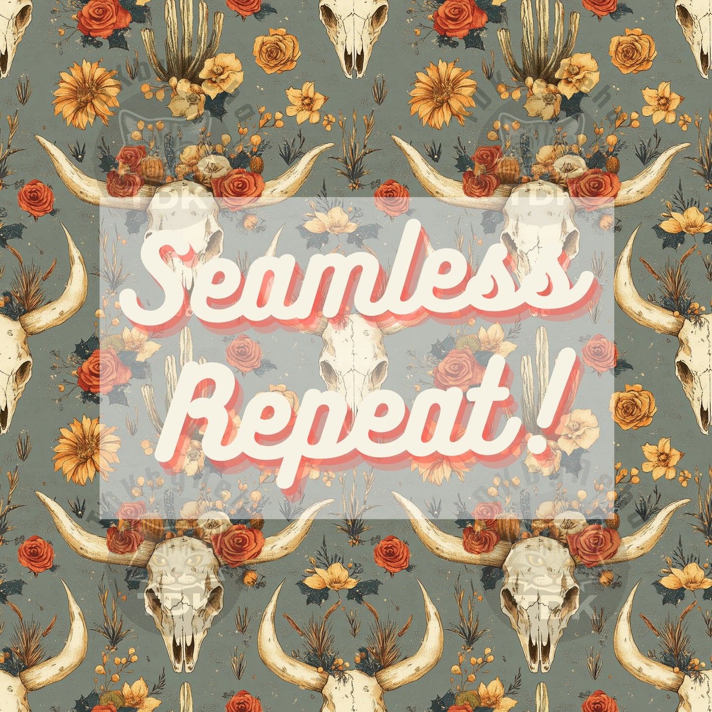 Boho Muted Western Floral Cow skull Seamless JPG