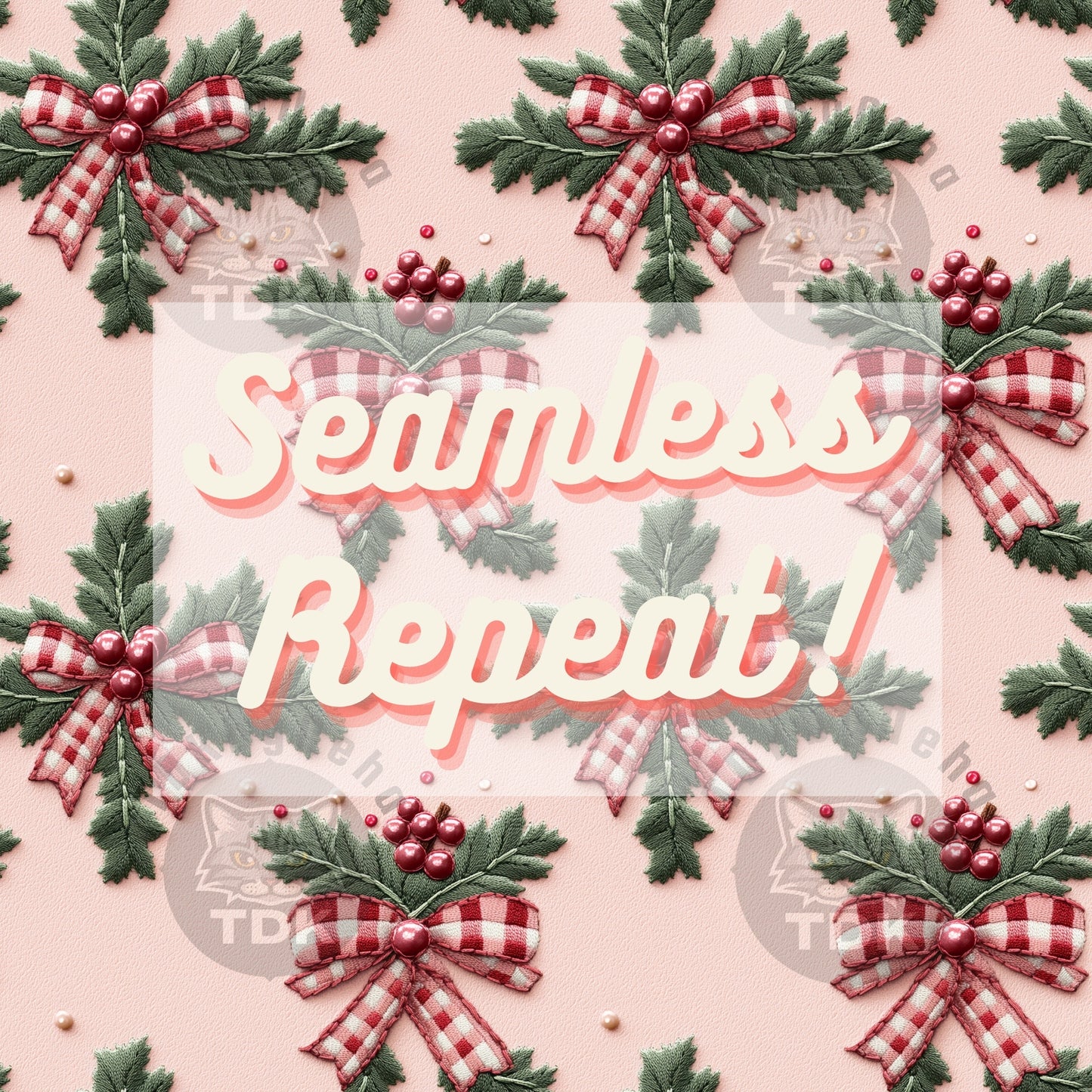 Christmas Checkered Red Coquette Bow and Holly Seamless