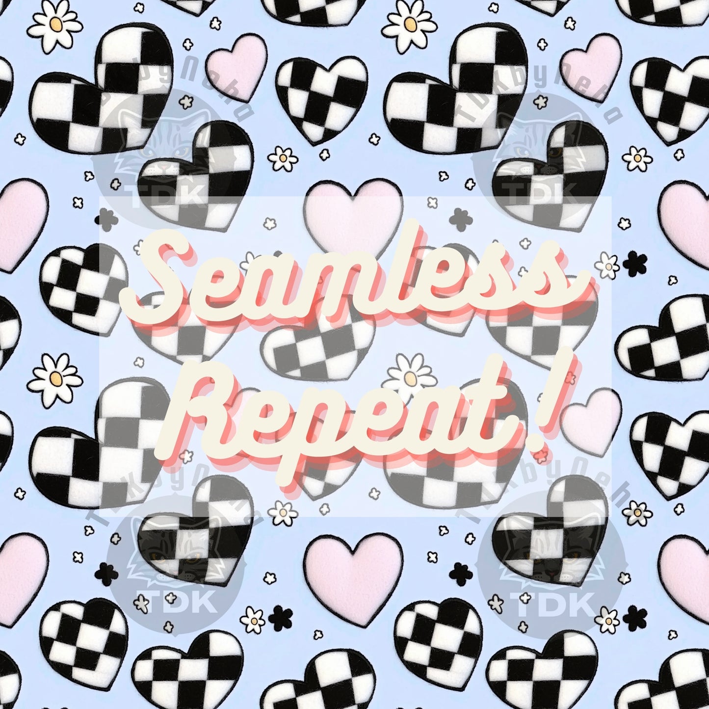 Checkered Retro Hearts Blue Seamless JPG