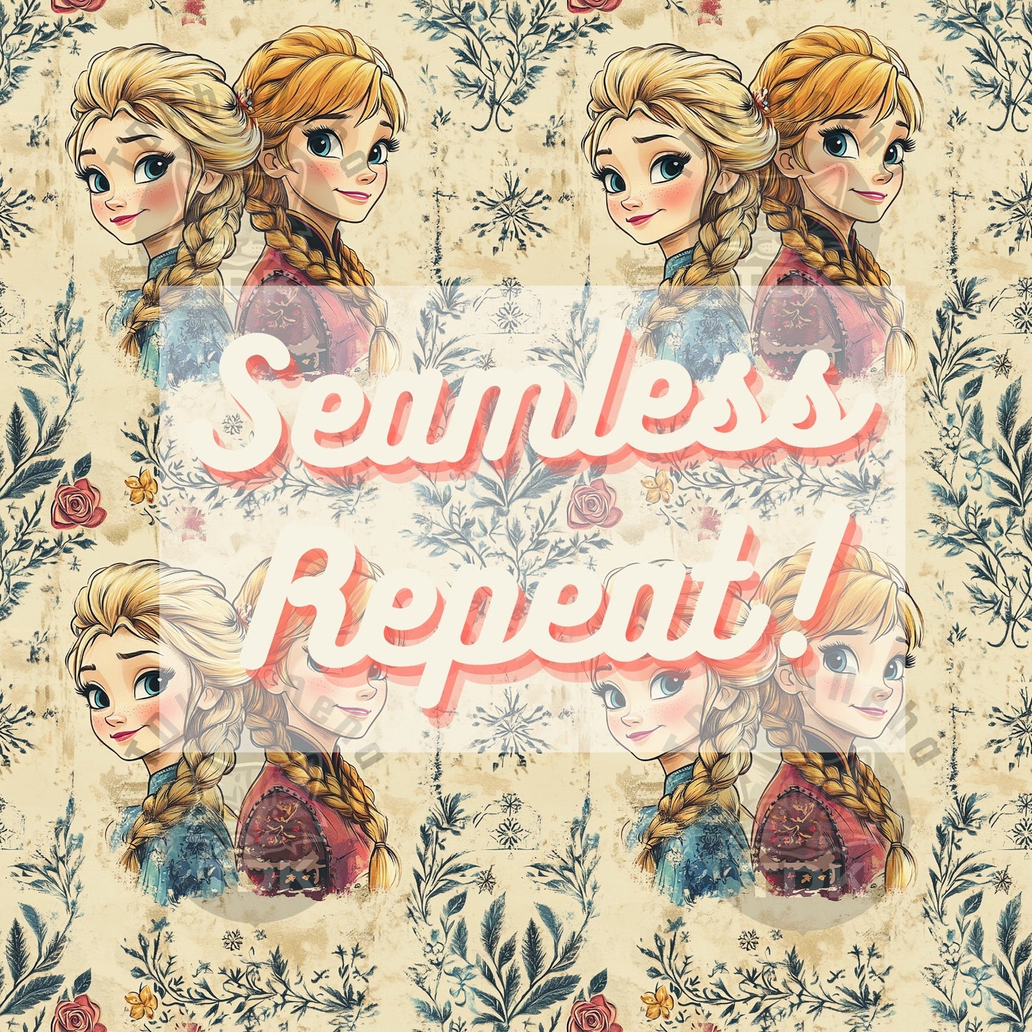 WEBSITE EXCLUSIVE - Vintage Floral Elsa and Anna Seamless Pattern