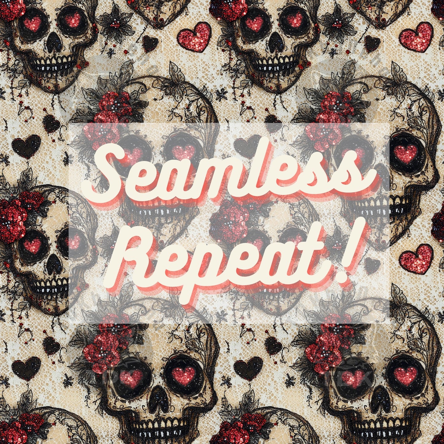 Lacy Floral Skull Hearts Seamless JPG