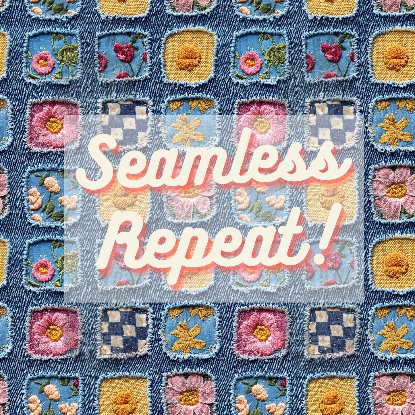 Retro Denim Checkered Florals Seamless