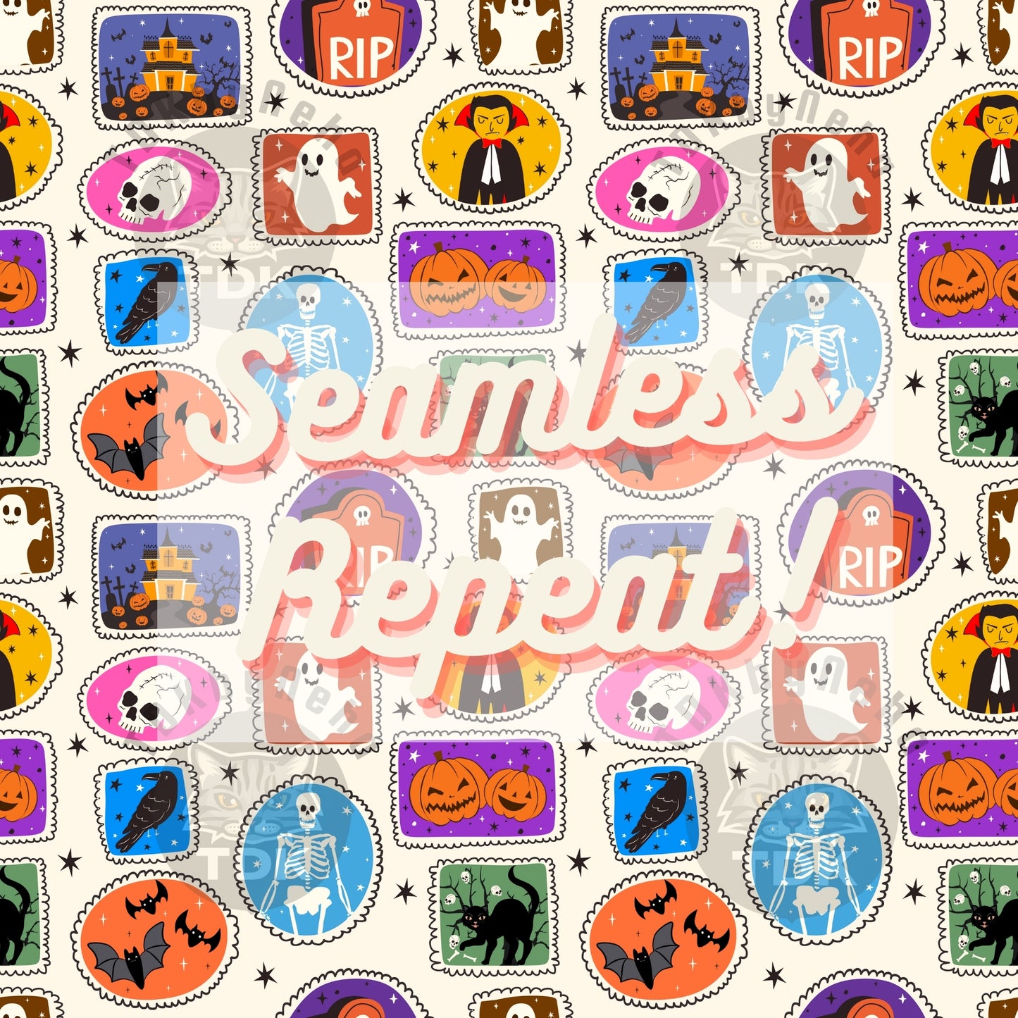 Halloween Stamps Patchwork Seamless PNG (Neutral)