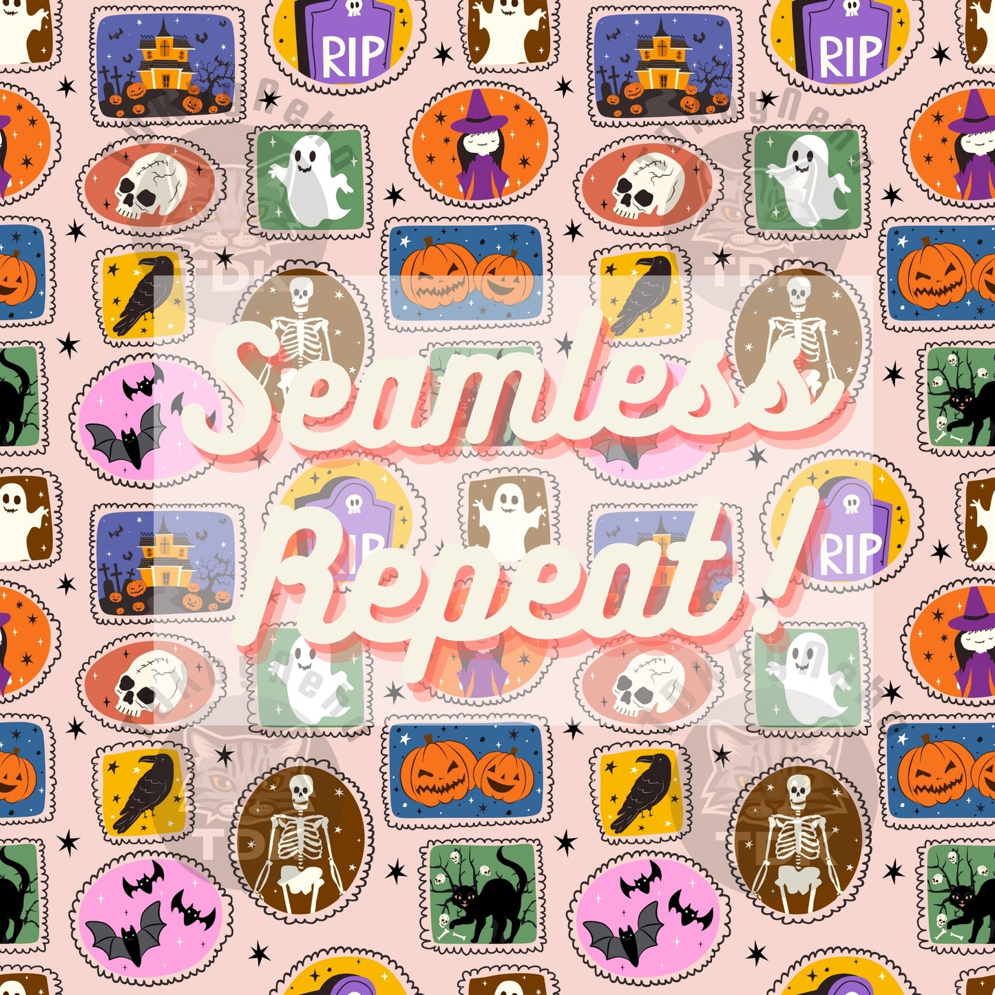 Witchy Halloween Stamps Patchwork Seamless PNG