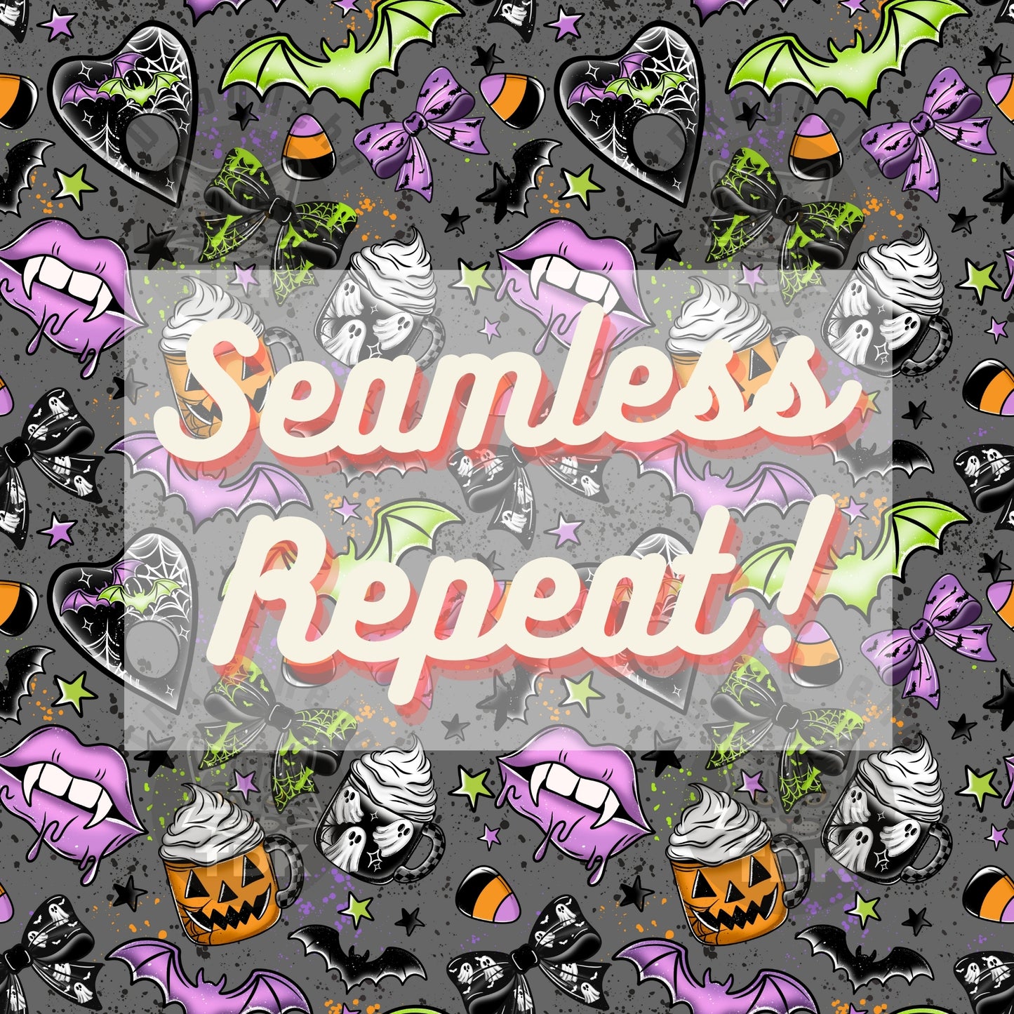 Spooky Halloween Bow n Things Seamless PNG (Grey)