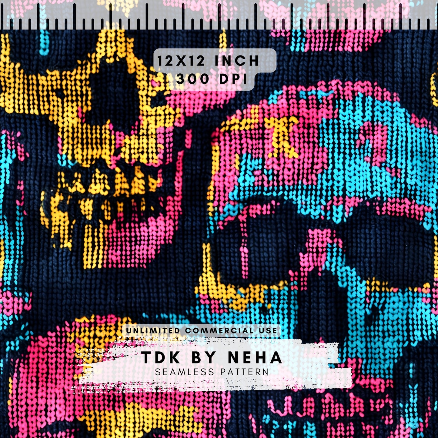 Instant Download ,Neon Skulls Faux Knit Seamless Digital Paper for Fabric Print, Colorful Skulls Halloween Seamless Repeat Sublimation Design