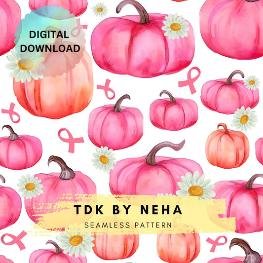 Pink Pumpkin and Pink Ribbon Breast Cancer Awareness Seamless Pattern