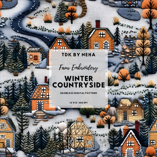 Winter Snowy Countryside Seamless Pattern JPG