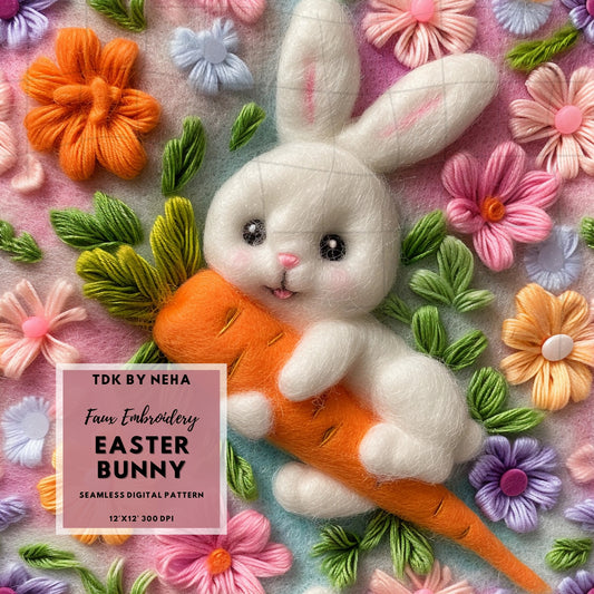 Instant Download Rabbit with Carrot Easter Embroidery Seamless Pattern, Bright Spring Floral Bunny Digital Paper sublimation Instant download Repeat Print