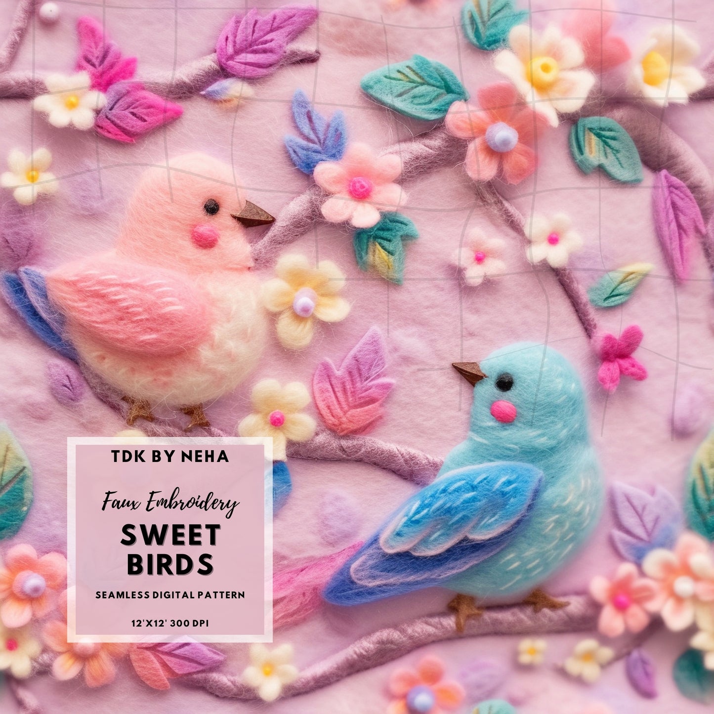 Cute Floral Birds Faux Embroidery Seamless Pattern, 3D Retro Blush Pink Spring Bird Seamless File, Kid Chicks Fabric Printable Digital Paper