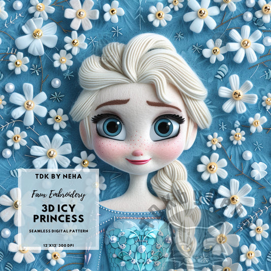 Instant Download Ice Princess Frozen Seamless Digital Paper for Fabric Printing, Floral Magical Princess 3D Seamless Repeat Sublimation Design