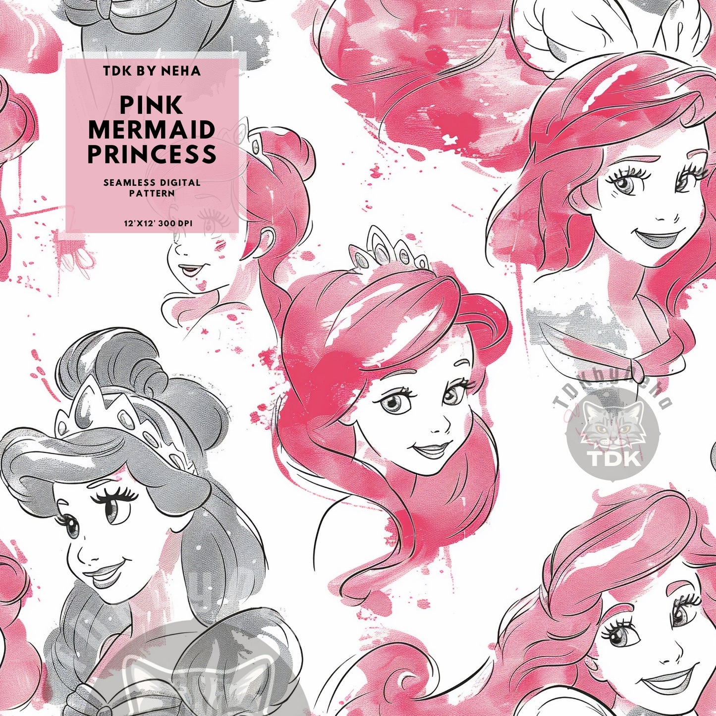 Instant Download Mermaid Princess Collage Seamless Digital Paper for Fabric Printing, Ocean Magical Princess 3D Seamless Repeat Sublimation Design