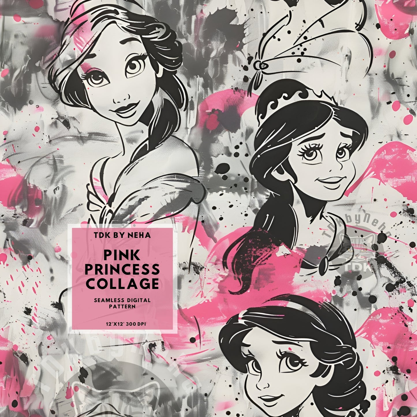 Instant Download Pink Princess Collage Seamless Digital Paper for Fabric Printing, Fairytale Magical Princess 3D Seamless Repeat Sublimation Design