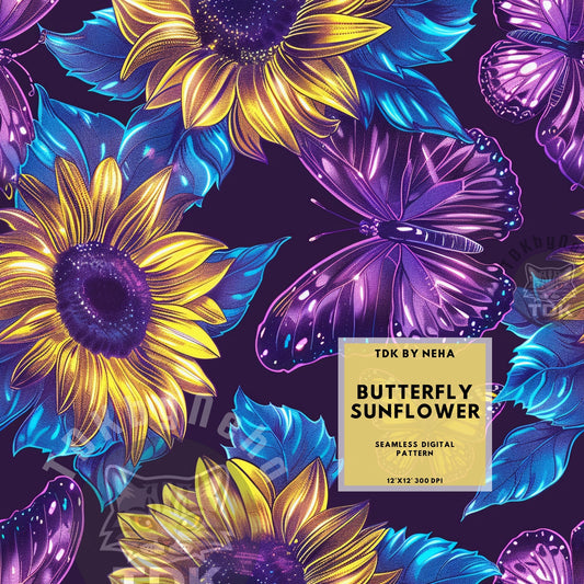 Instant Download , Neon Butterfly and Sunflowers Seamless Digital Paper for Fabric Print, Mystical Flower and Butterflies Seamless Repeat Sublimation Design