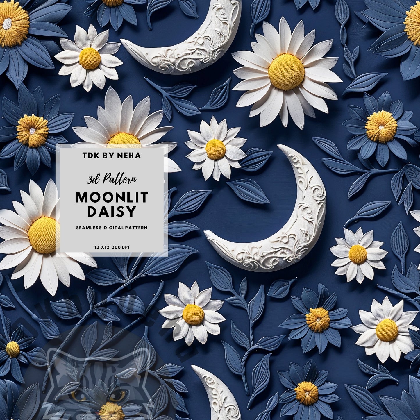 Instant Download , 3D Moonlit Daisy Seamless Digital Paper for Fabric Print, Night Flowers Seamless Repeat Sublimation Design