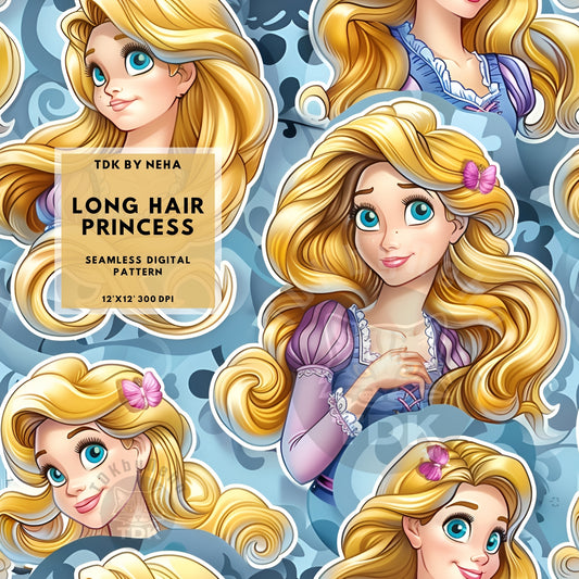 Instant Download Long Hair Princess Seamless Digital Paper for Fabric Printing, Magical Princess Seamless Repeat Sublimation Design