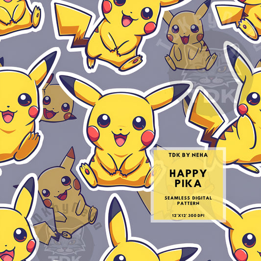 Instant Download Happy Pikachu Seamless Digital Paper for Fabric Printing, Video Game Seamless Repeat Sublimation Design