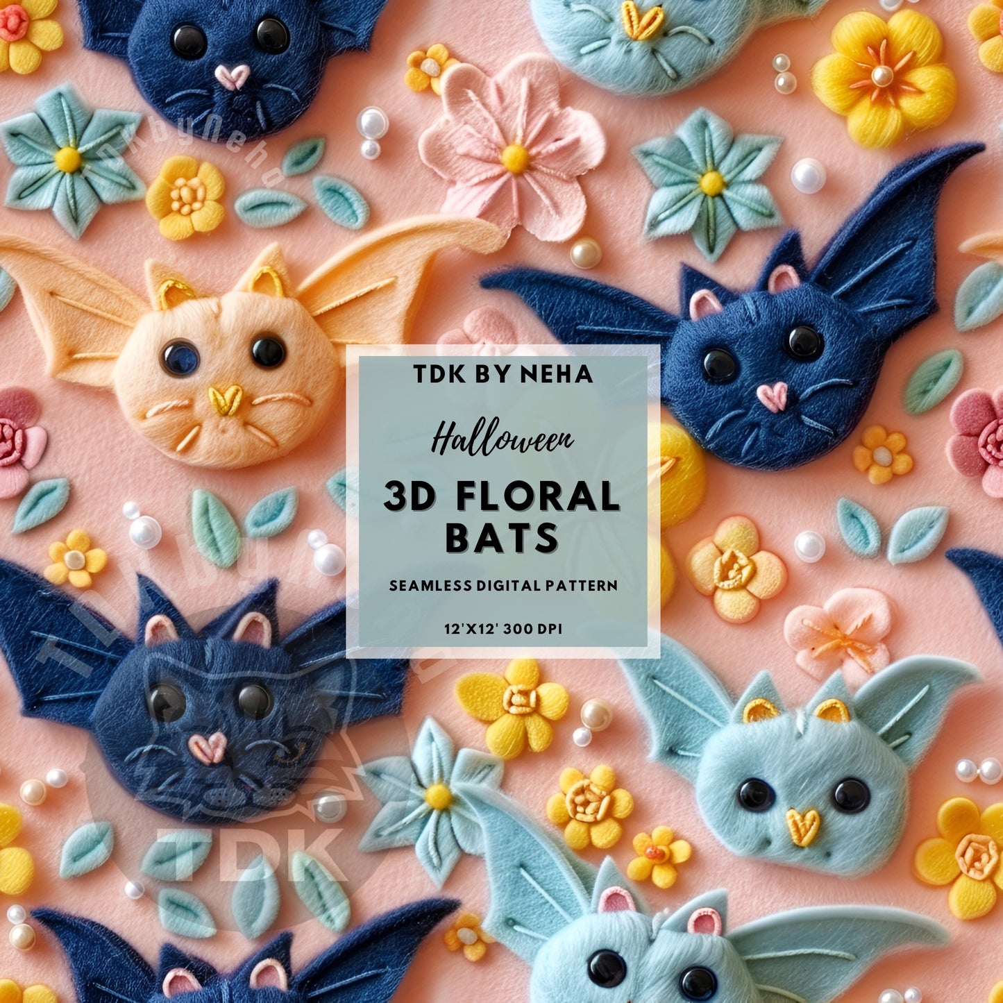 Instant Download , Cute Floral Bats Seamless Digital Paper for Fabric Print, 3D Bats Halloween Seamless Repeat Sublimation Design