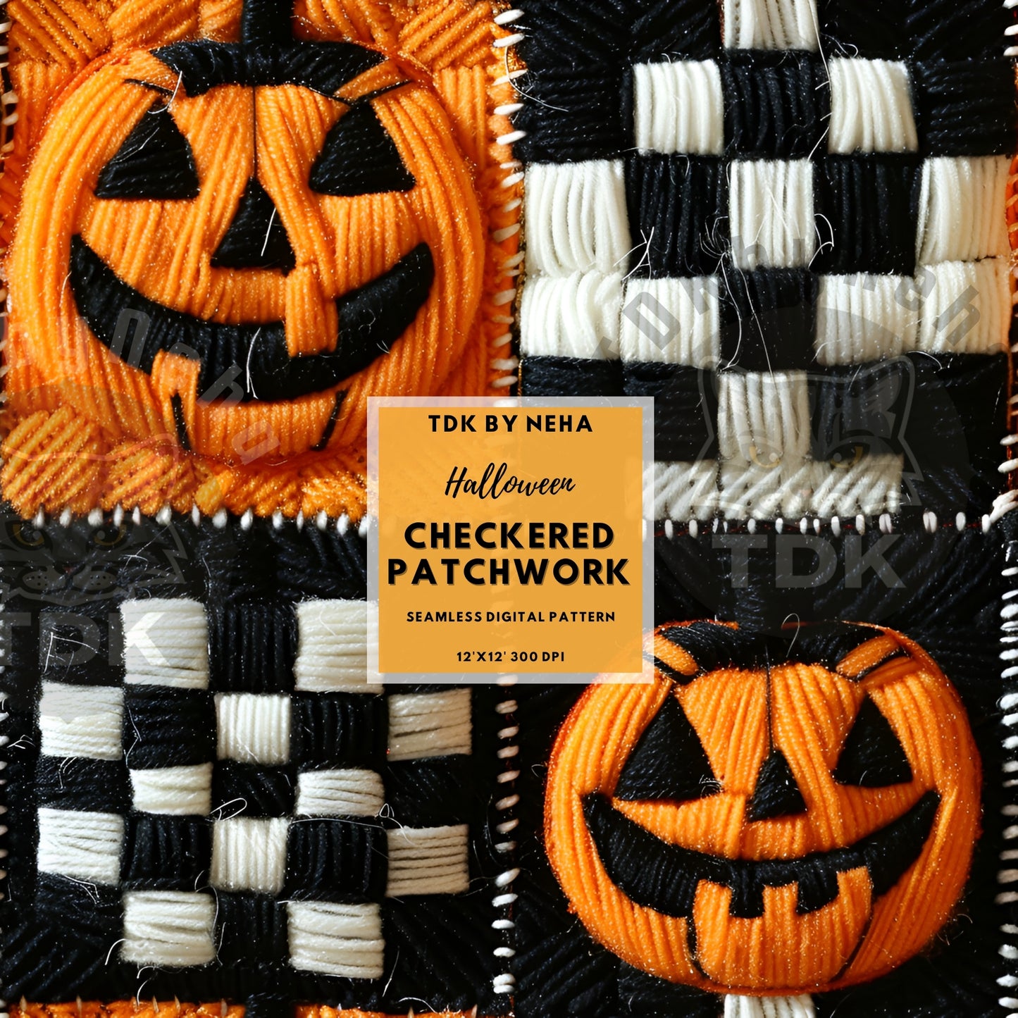 Halloween Checkered Jack O Lantern Pumpkin Patchwork Seamless JPG