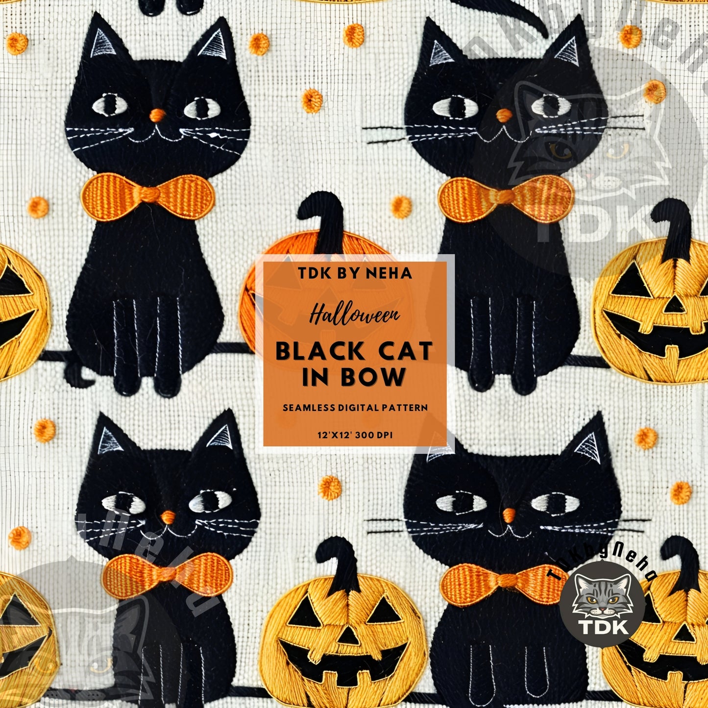 Neutral Halloween Fall Black Cats with Bow and Jack o Lantern Seamless JPG