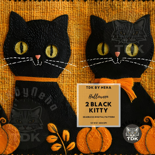 Halloween Fall Spooky 2 Black Cats and Pumpkin Seamless JPG