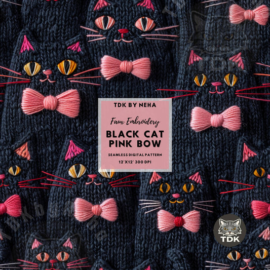 Halloween Fall Spooky Black Cats in Pink Bows Seamless JPG