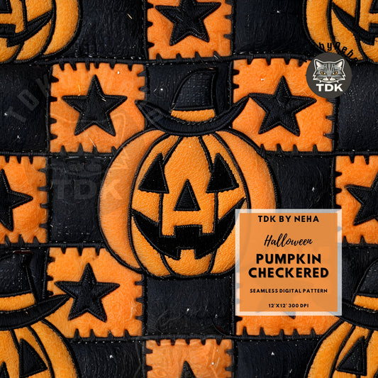 Halloween Black & Orange Checkered Jack O Lantern Pumpkin Seamless JPG