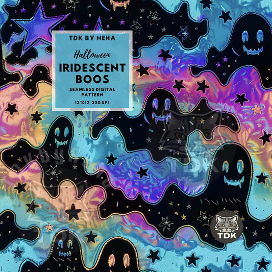 Halloween Spooky Iridescent Holographic Neon Ghosts Seamless JPG