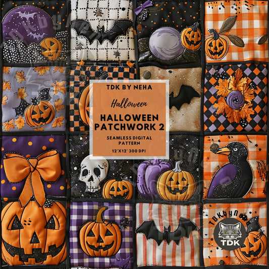 Halloween Collage Patchwork Faux Quilt Embroidered Seamless JPG 2