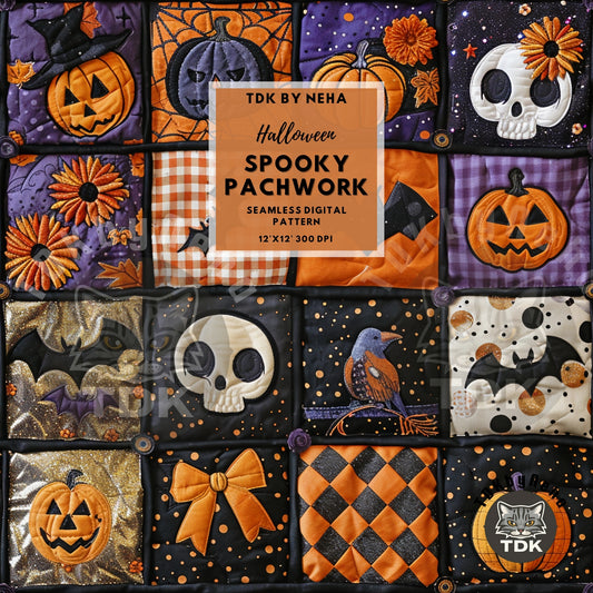 Halloween Collage Spooky Patchwork Faux Quilt Embroidered Seamless JPG