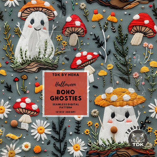 Boho Ghostie Mushrooms Seamless JPG