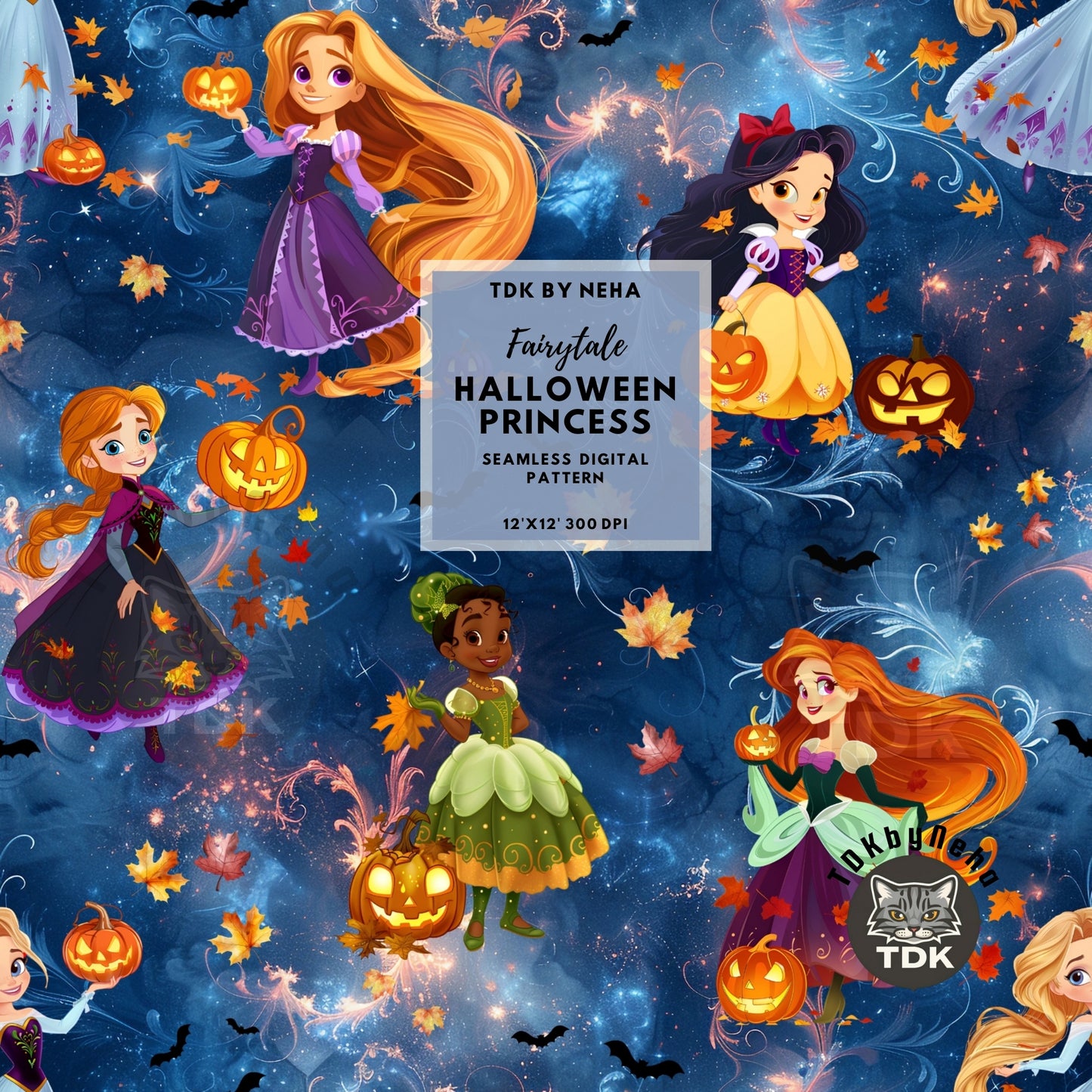 Instant Download Halloween Princesses Seamless Digital Paper for Fabric Print, Spooky Magical Princess Seamless Repeat Sublimation Design