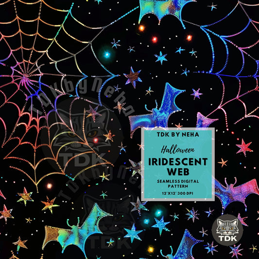 Halloween Spooky Iridescent Holographic Web and Bats Seamless JPG