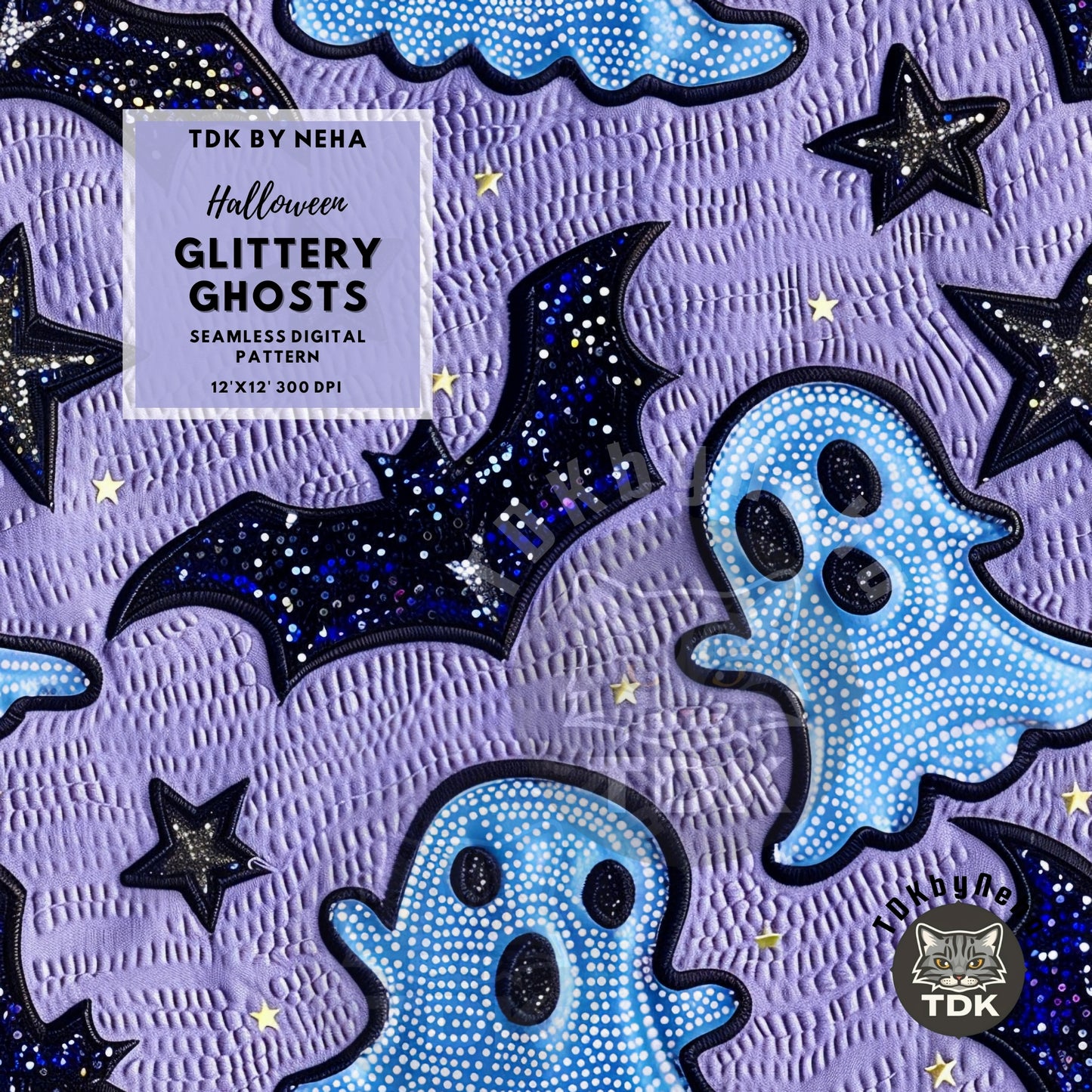 Halloween Spooky Glittery Ghost and Bat Seamless JPG