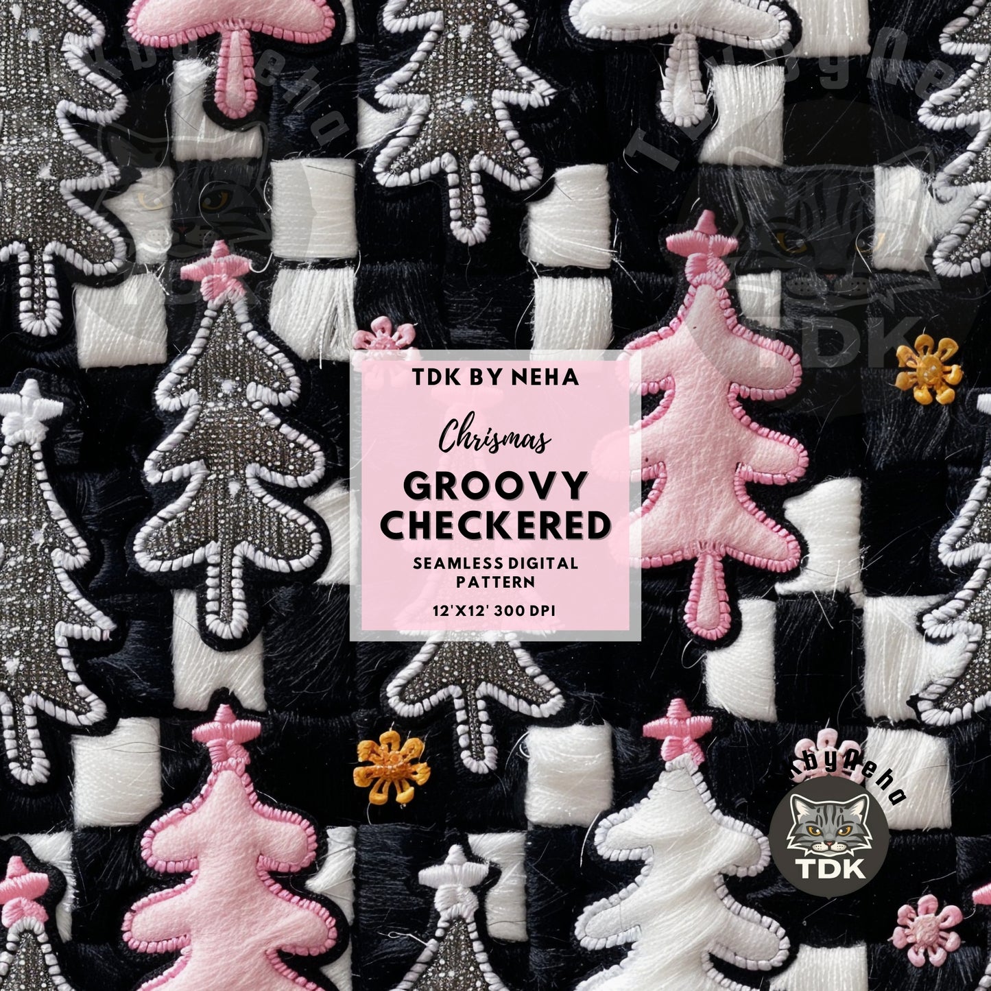 Christmas Groovy Checkered Ghostie Glitter and Pink Christmas Tree Seamless JPG