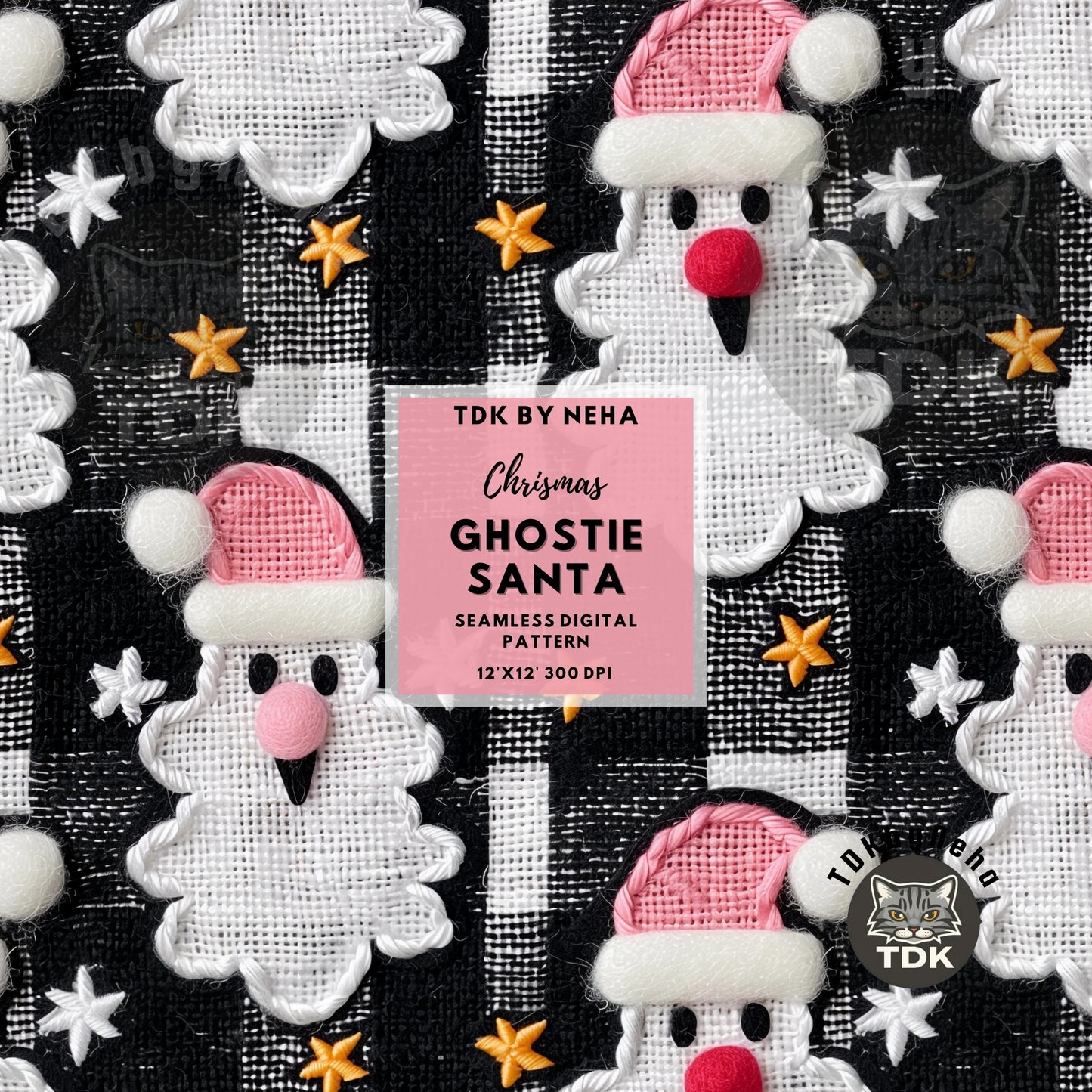 Christmas Checkered Ghostie Santa Claus Seamless JPG