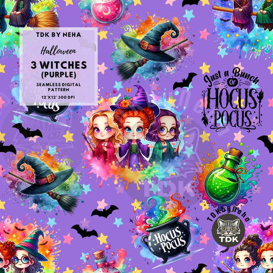 Instant Download Halloween 3 Witches Seamless JPG (Purple)