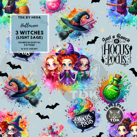 Instant Download Halloween 3 Witches Seamless JPG (Light Sage)