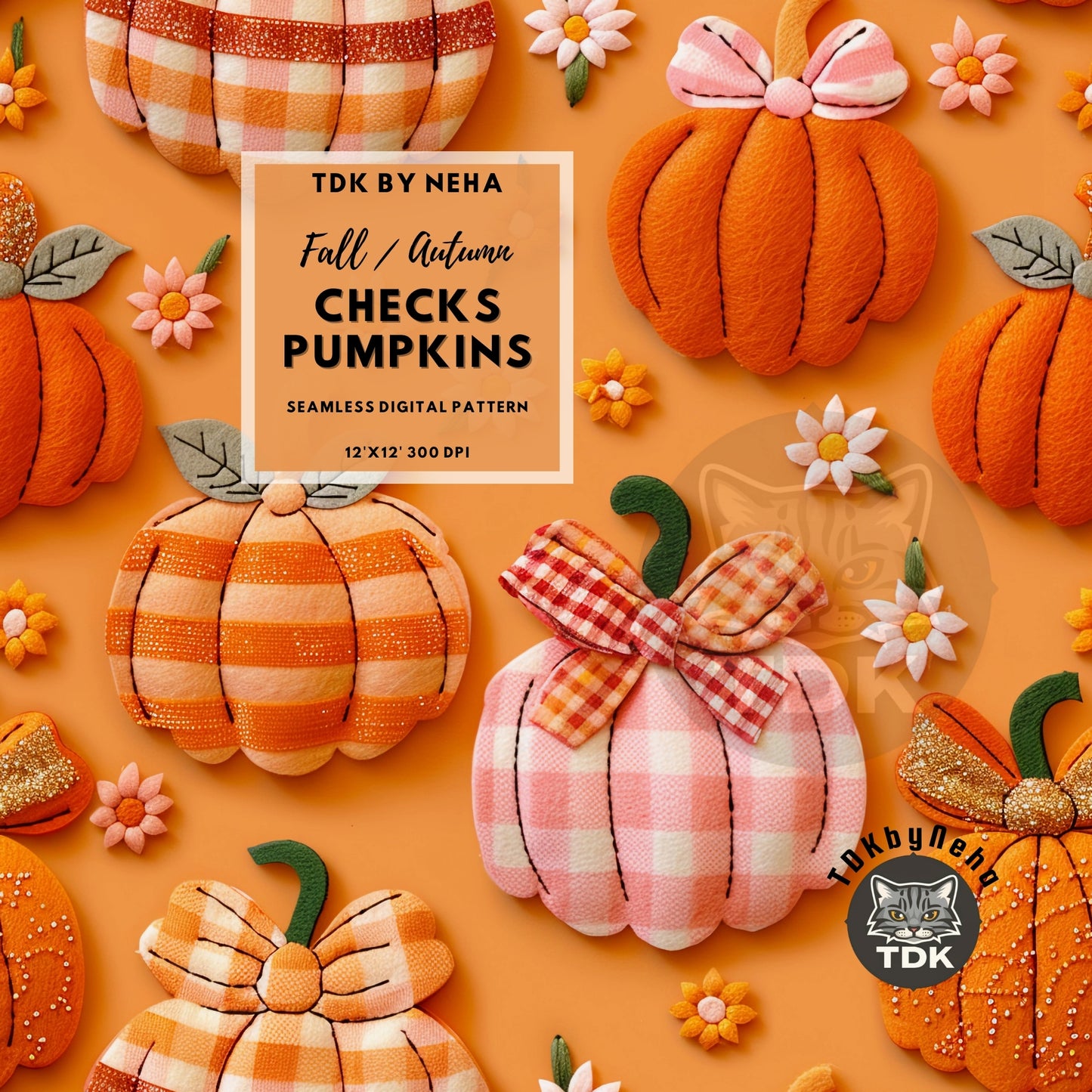 Fall Checkered and Stripe Pumpkin Coquette Bows Seamless JPG