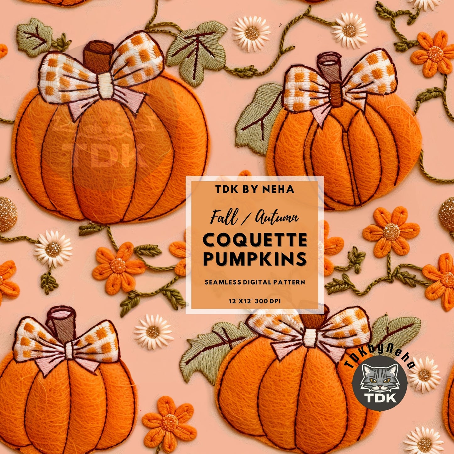 Fall Checkered Coquette Bow Pumpkin Patch Seamless JPG