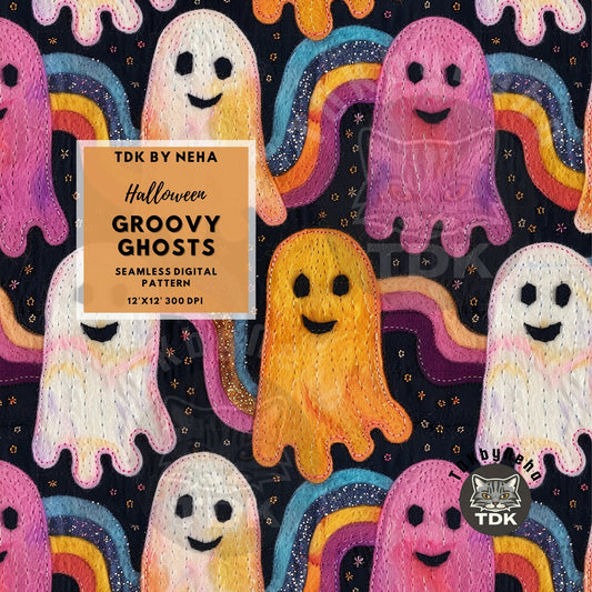 Halloween Groovy Rainbow Ghosts Seamless JPG